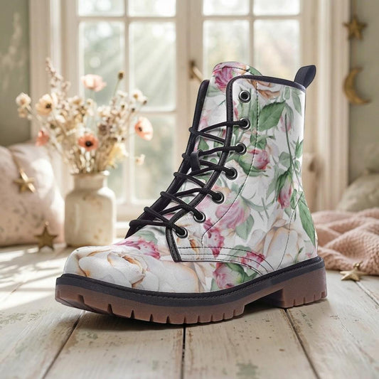 Vintage Floral Combat Boots, Cottagecore Lace Up Booties, Soft Girl Aesthetic Shoes, Pastel Garden Core Shoes, Romantic Floral Ankle Boots