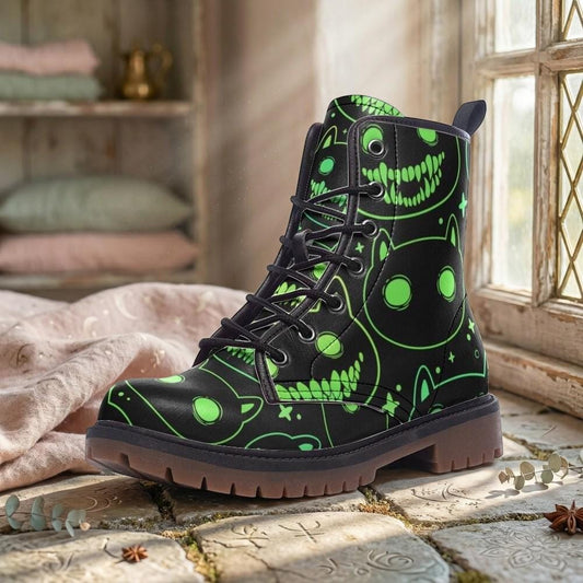 Neon Cat Combat Boots, Rave Festival Cyber Lace-Up Shoes, Glow Dark Alternative Footwear
