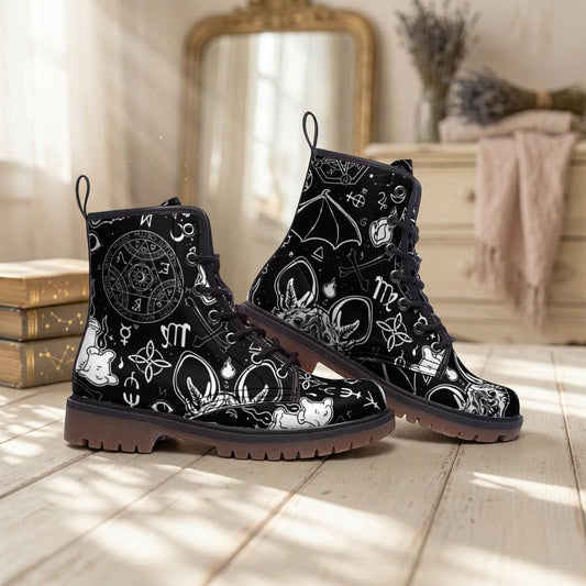 Zodiac Circle Combat Boots, Vegan Leather Astrology Lace-Up Shoes for Witchy, Celestial, Esoteric Fashion