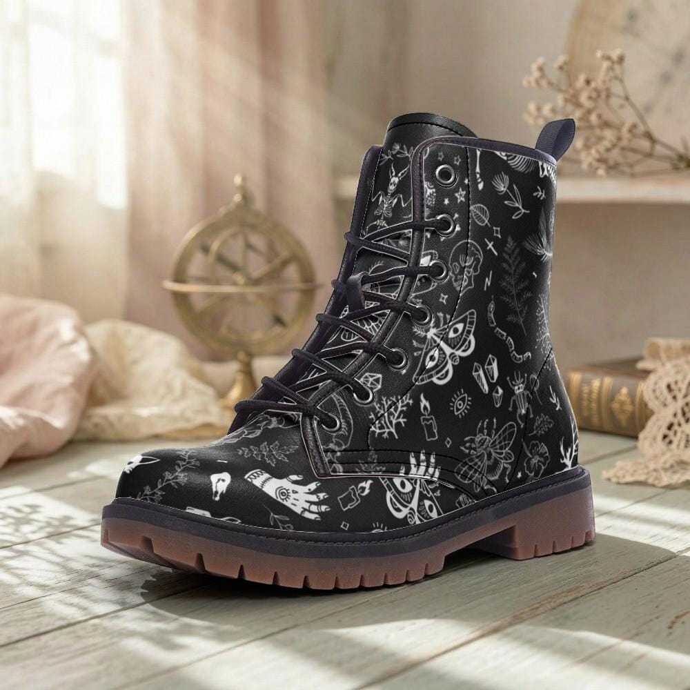 Goth Combat Boots with Occult Print, Witchy Lace Up Ankle Boots, Alternative Festival Shoes