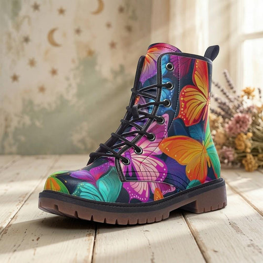 Rainbow Butterfly Combat Boots, Fairycore Rave Platform Ankle Shoes, Festival Insect Print Footwear