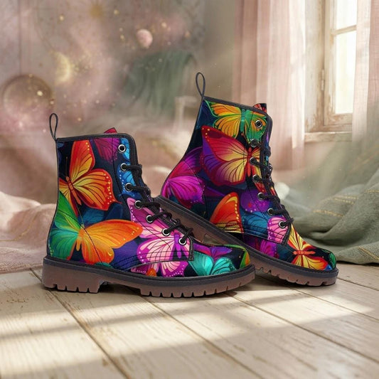 Rainbow Butterfly Combat Boots, Fairycore Rave Platform Ankle Shoes, Festival Insect Print Footwear