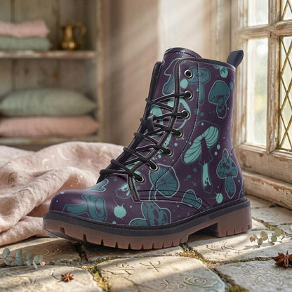 Goblincore Mushroom Combat Boots, Vegan Woodland Festival Shoes, Eco-Friendly Gothic Footwear