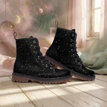 Black Celestial Combat Boots, Gold Star Vegan Boots, Festival Footwear