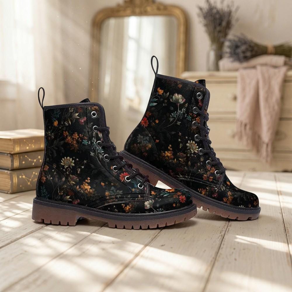 Forest Witch Boots, Goblincore Boots, Wildflowers Boots, Vegan Combat Boots, Witchcore, Naturecore Flowers Boots, Cottagecore Boots