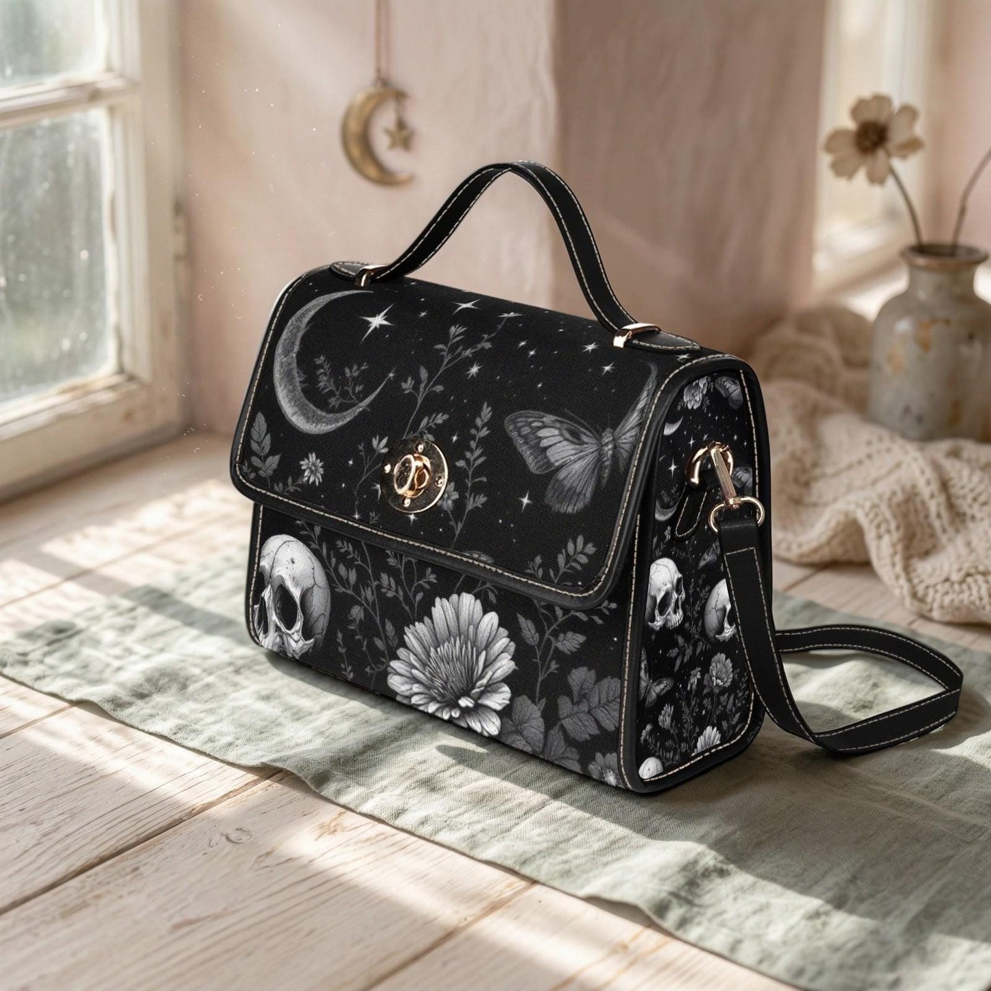 Mystical Moon Skull Bag, Gothic Floral Purse, Celestial Butterfly Handbag, Witchy Night Out Accessory