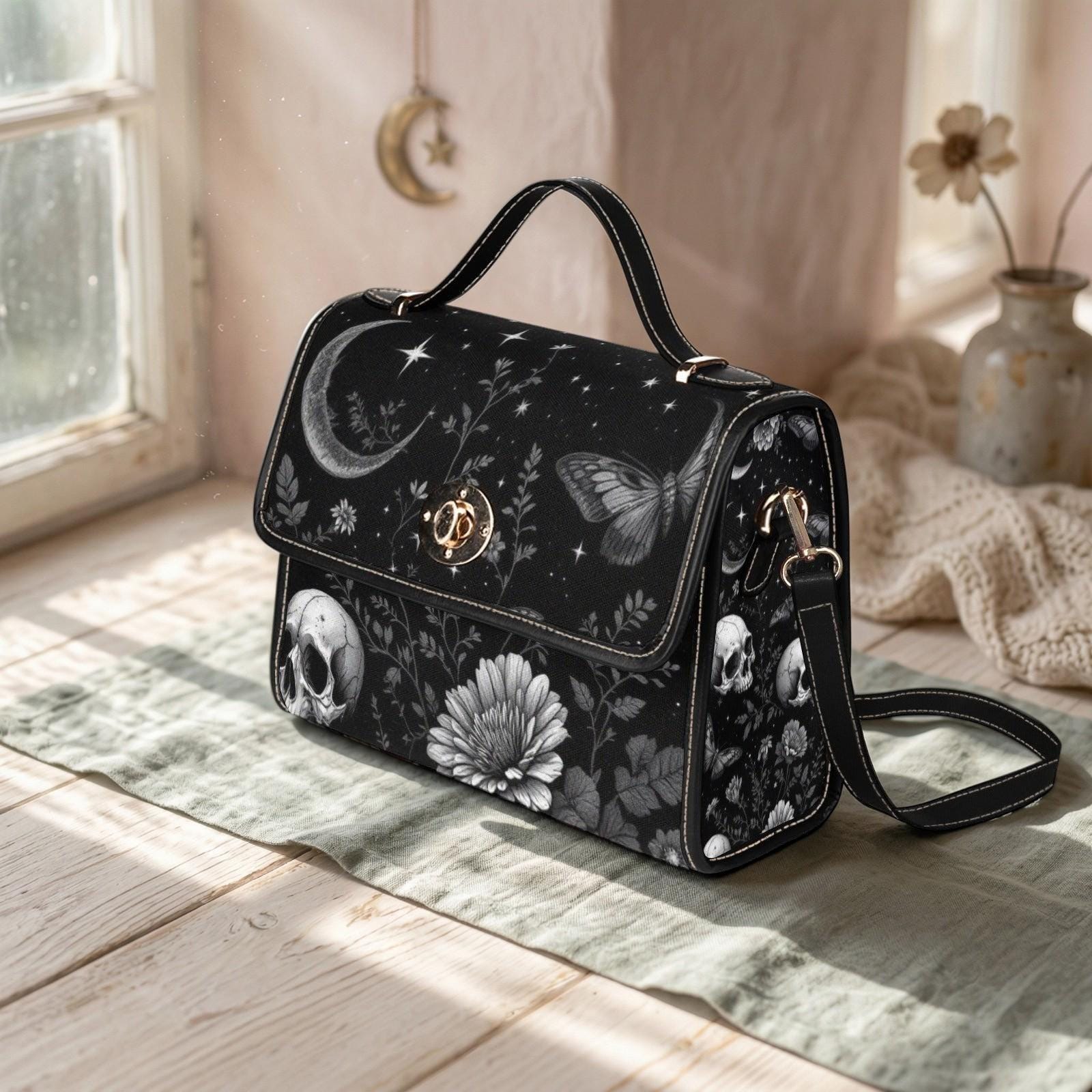 Mystical Moon Skull Bag, Gothic Floral Purse, Celestial Butterfly Handbag, Witchy Night Out Accessory