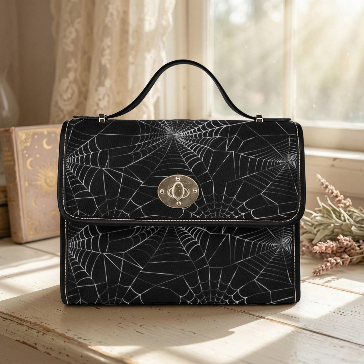 Spiderweb Canvas Satchel Vegan Leather Goth Crossbody Bag Halloween Spooky Bat Purse