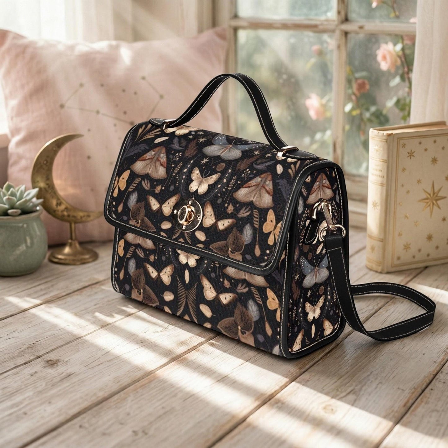 Moth Print Top Handle Bag, Dark Academia Satchel Purse, Celestial Nature Handbag
