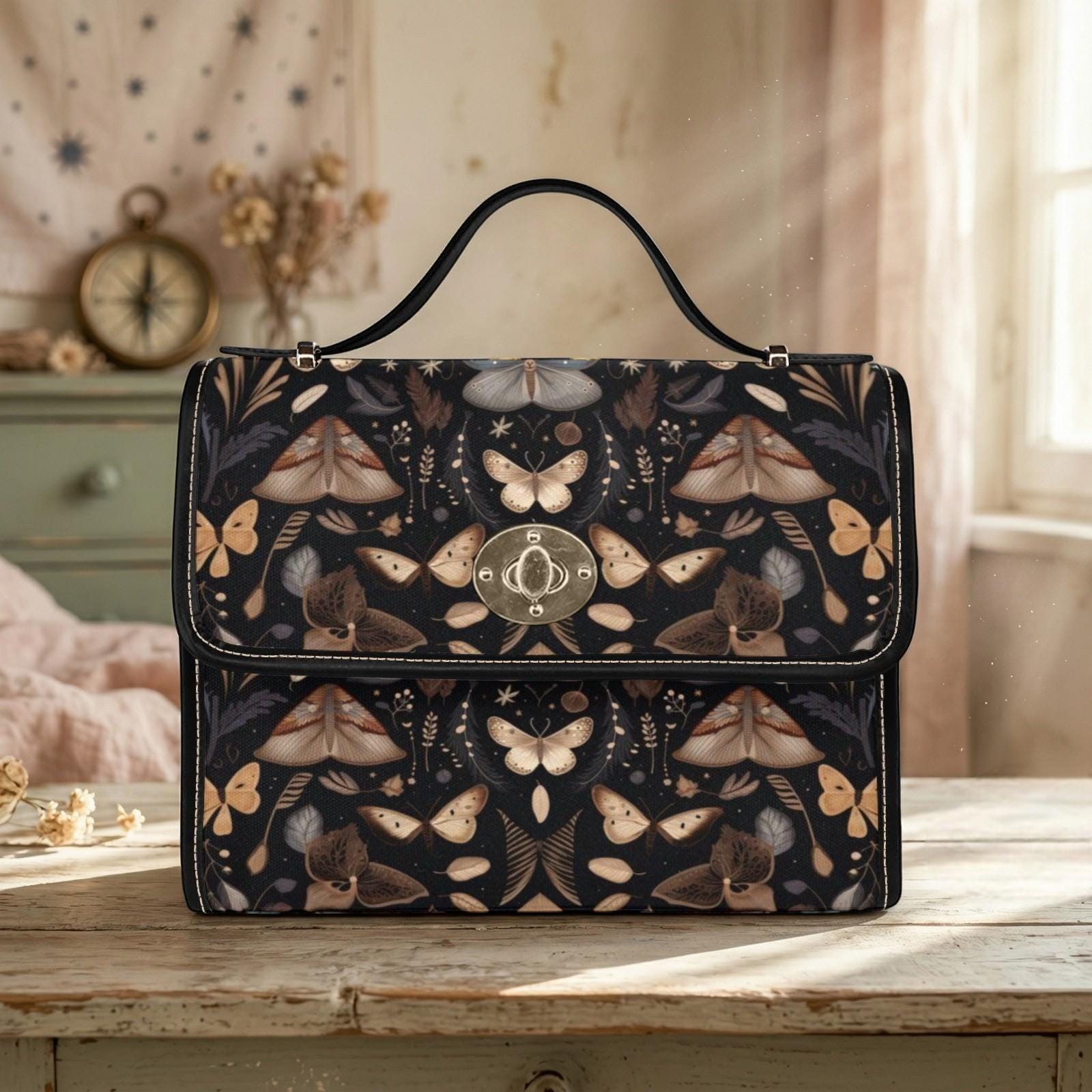 Moth Print Top Handle Bag, Dark Academia Satchel Purse, Celestial Nature Handbag