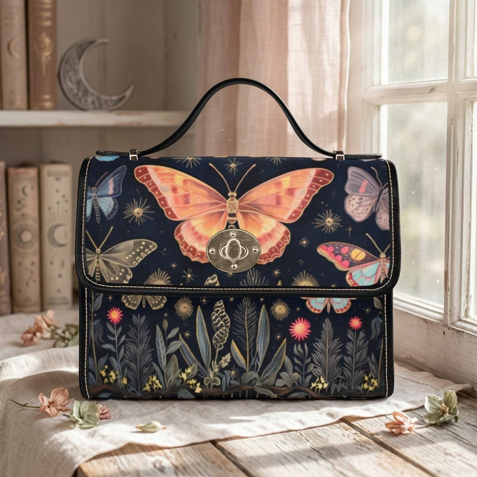 Butterfly Garden Handbag, Botanical Top Handle Purse, Cottagecore Statement Bag