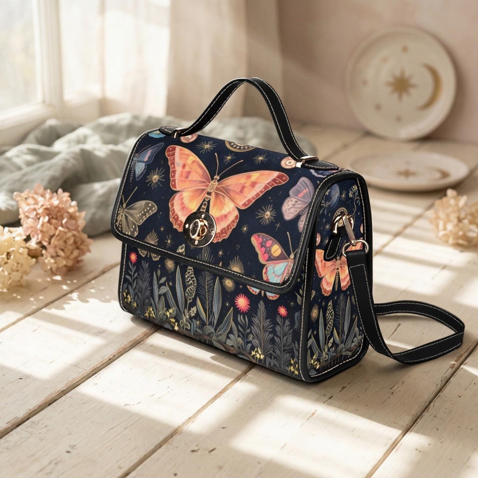 Butterfly Garden Handbag, Botanical Top Handle Purse, Cottagecore Statement Bag