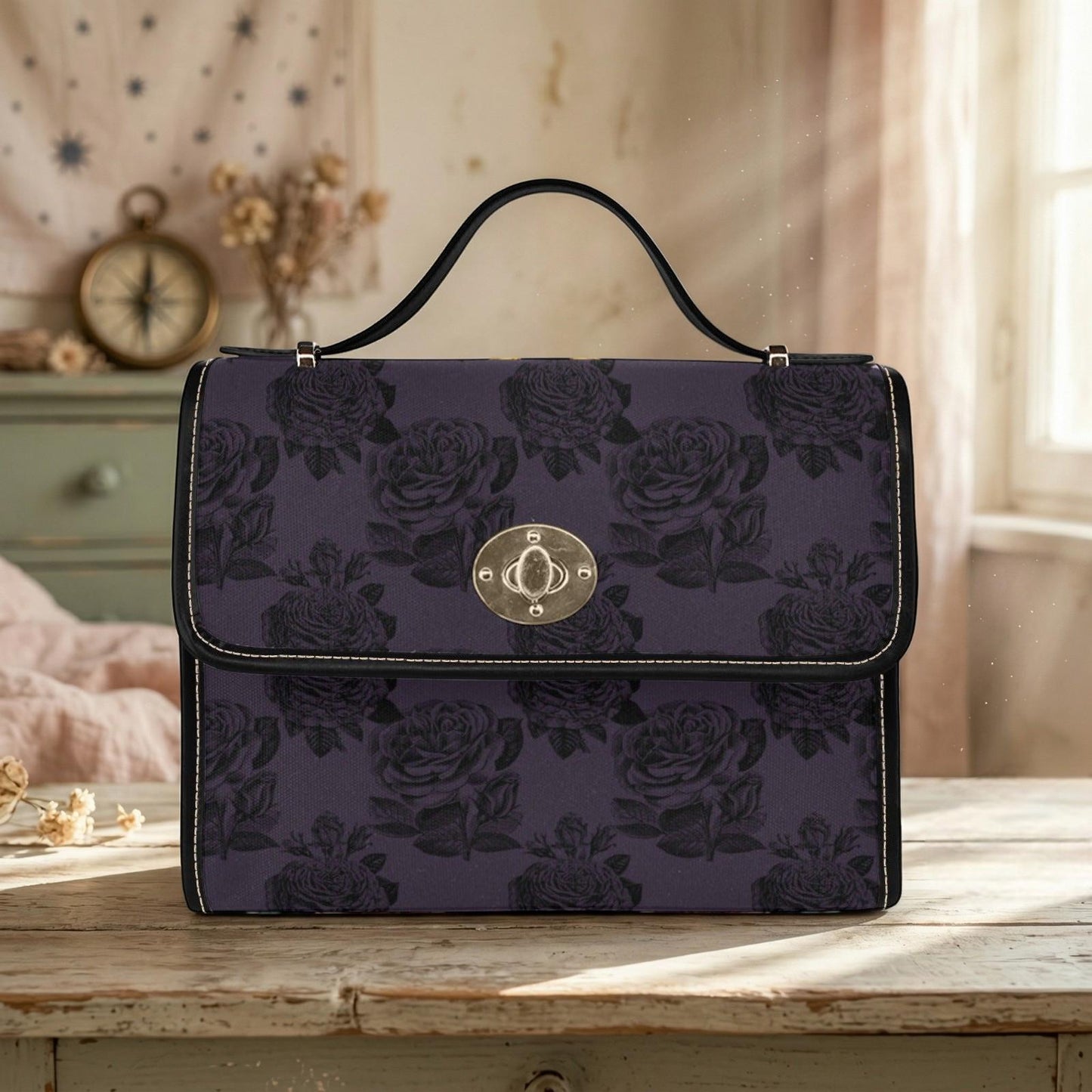 Dark Floral Handbag, Purple Rose Top Handle Purse, Victorian Satchel Bag
