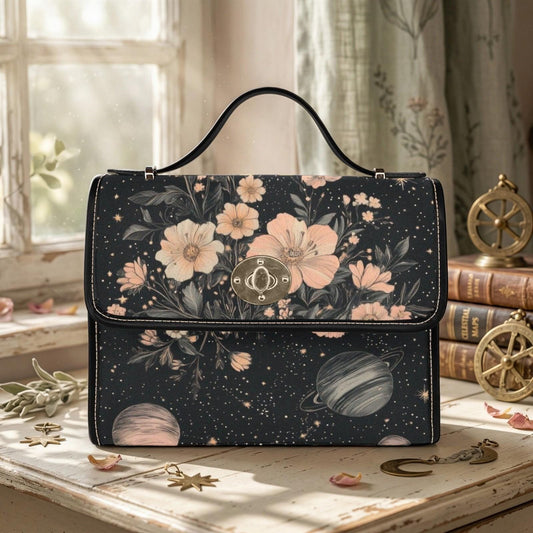 Celestial Floral Handbag, Planet Print Top Handle Purse, Dark Academia Satchel Bag