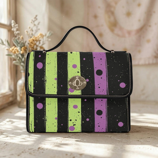 Spooky striped handbag, Lime green and purple purse, Halloween splatter print bag, Gothic party top handle bag, Witchcore statement satchel