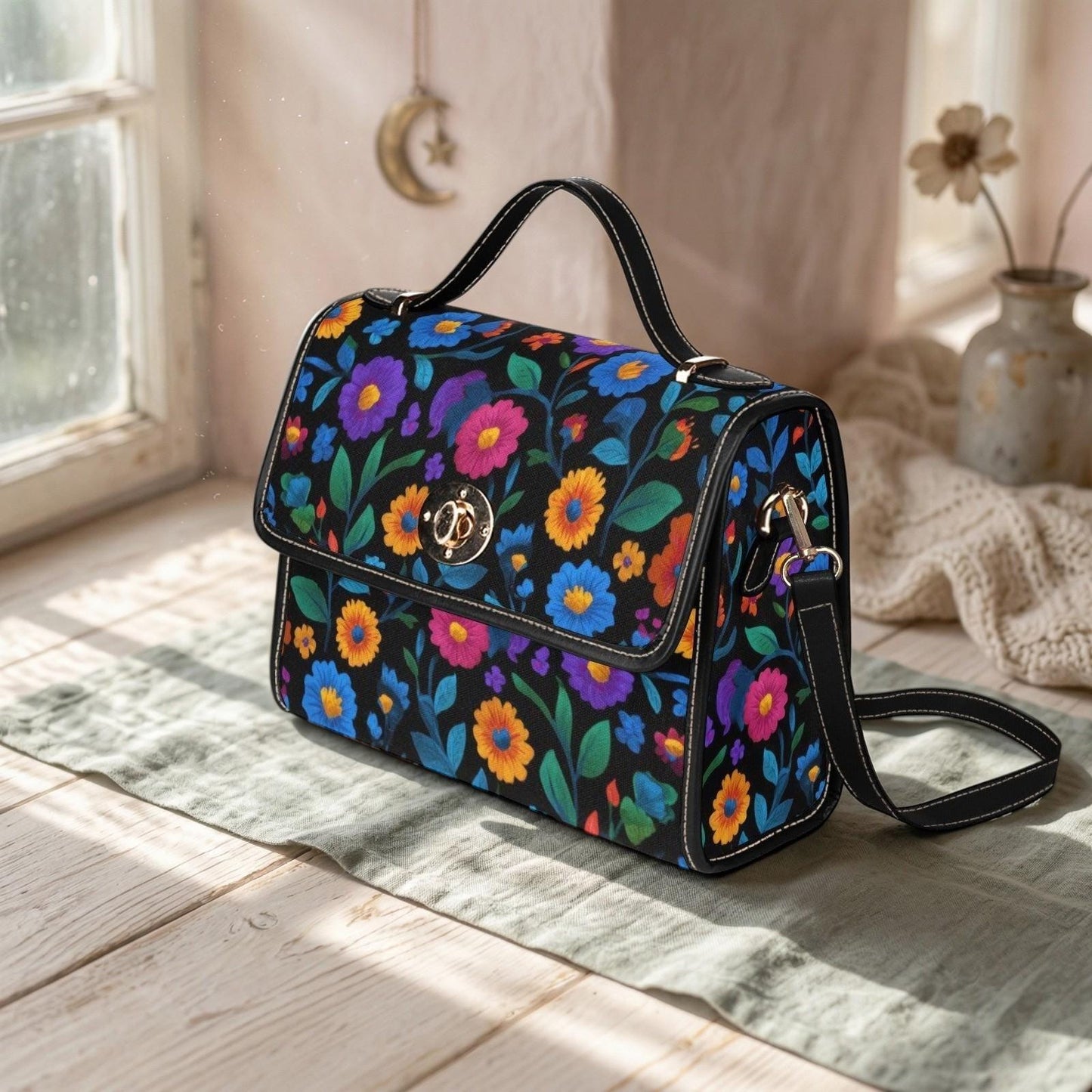 Colorful floral crossbody bag, boho garden canvas purse, vintage waterproof vegan leather strap
