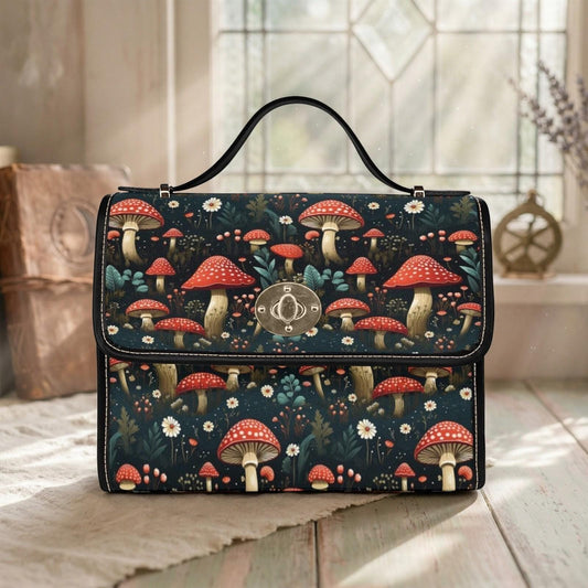Mushroom Print Satchel, Woodland Forestcore Handbag, Cottage Nature Statement Purse