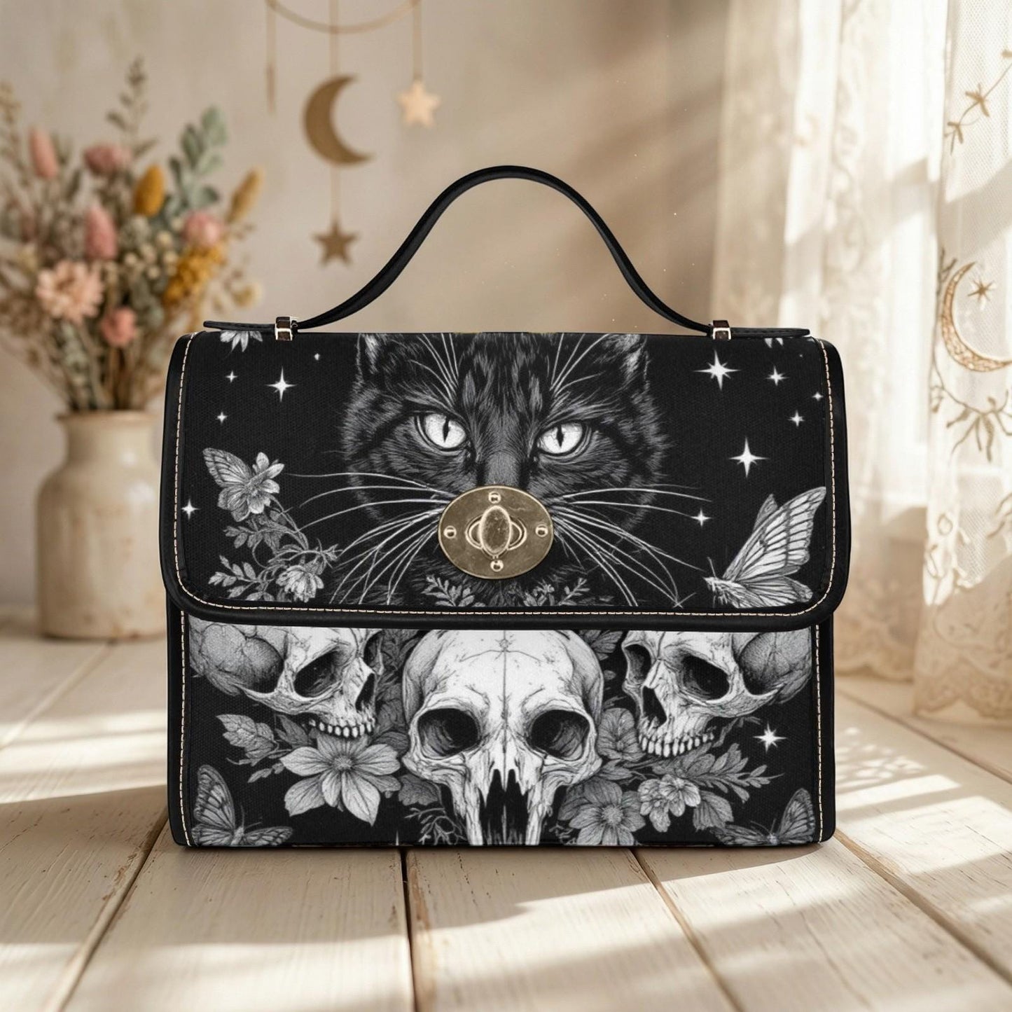 Occult Cat Skull Bag, Dark Witchy Crossbody Purse, Gothic Kitty Shoulder Tote