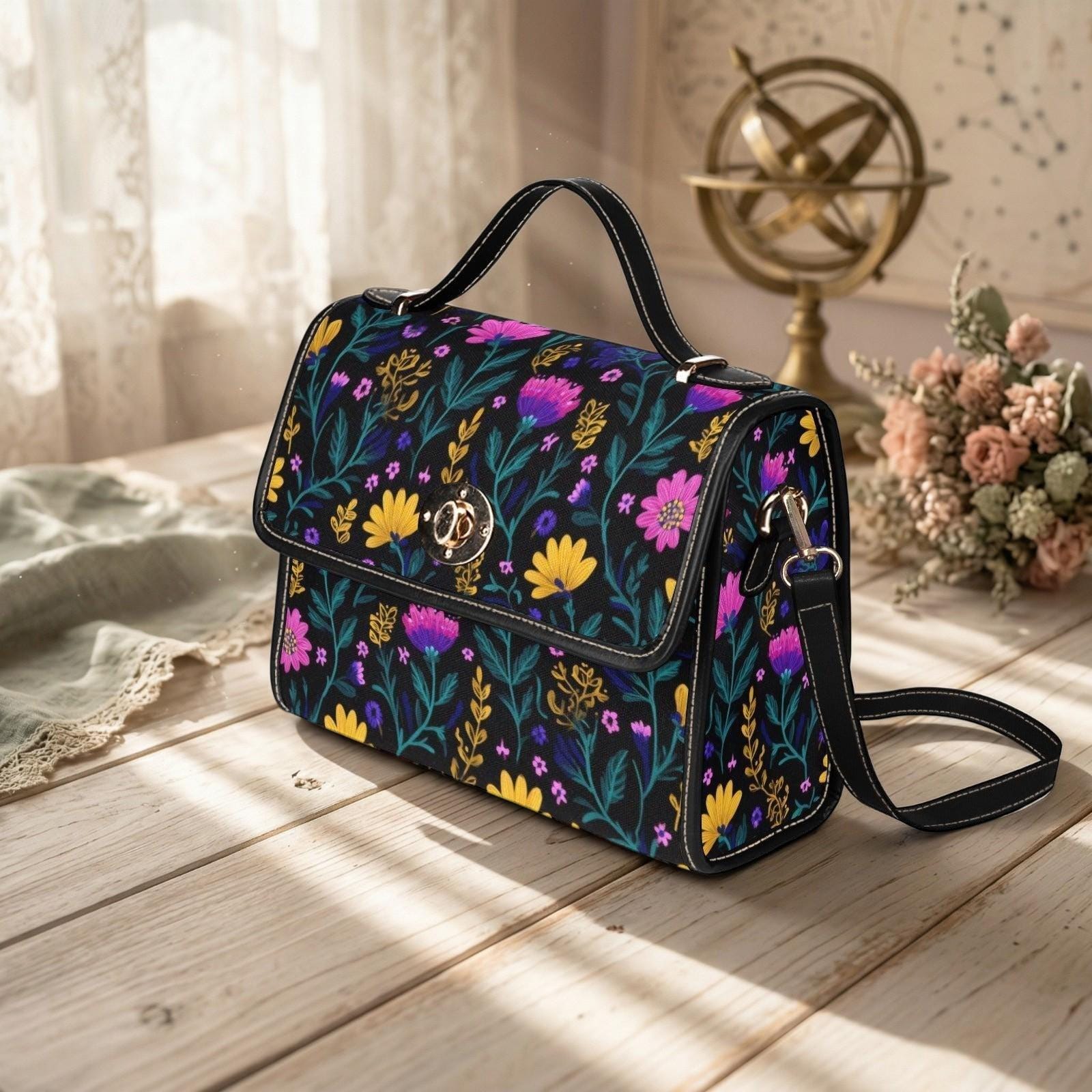 Dark Floral Crossbody Bag, Boho Wildflower Vegan Leather Strap Tote