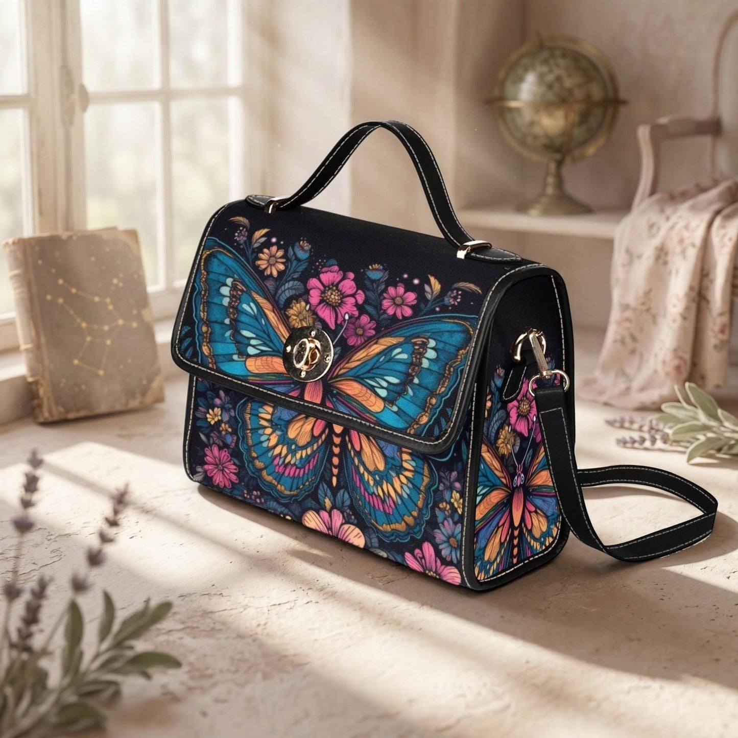 Psychedelic Butterfly Canvas Shoulder Bag, Floral Crossbody Satchel, Boho Hippie Purse