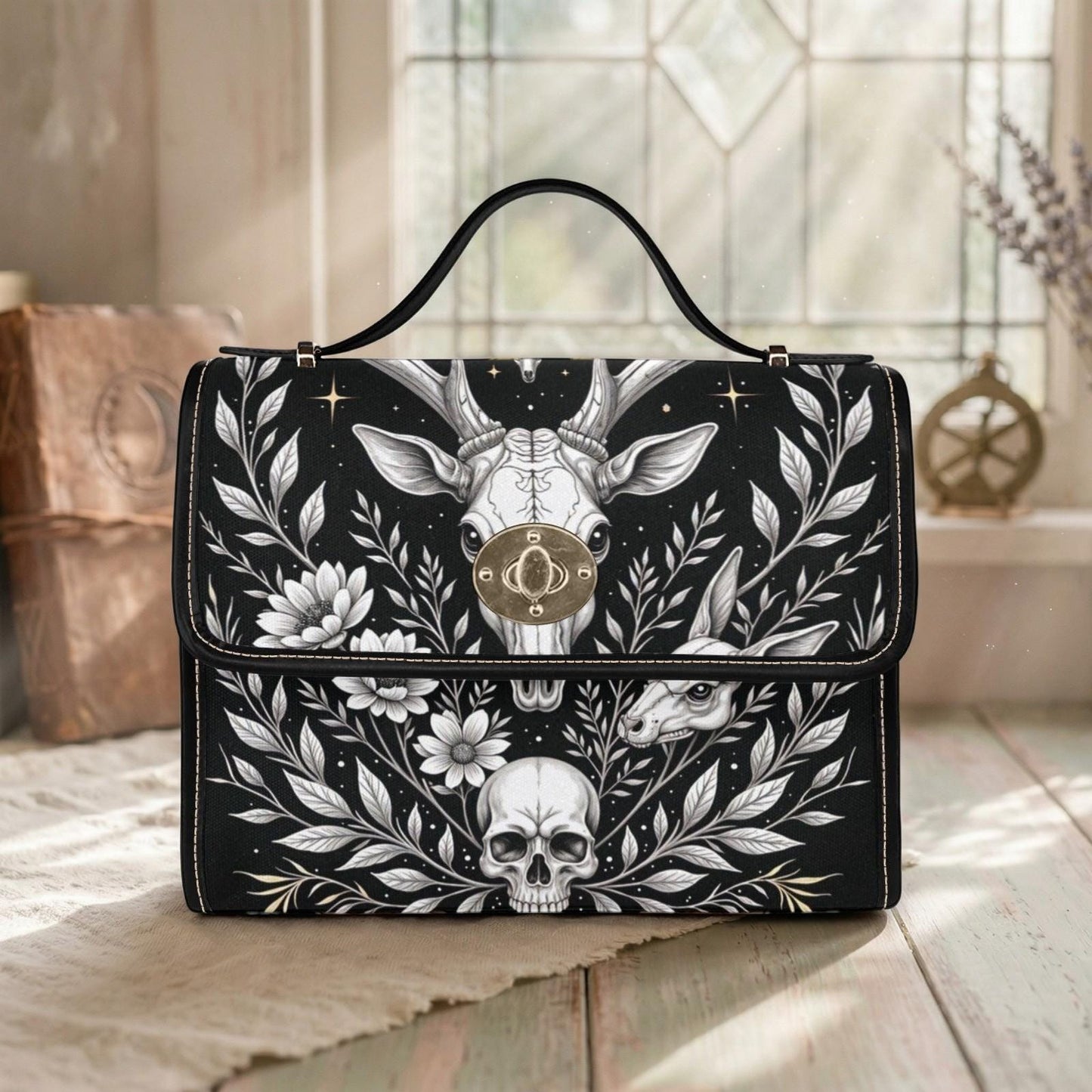 Celestial Skull Satchel Bag, Gothic Deer Floral Top Handle Purse
