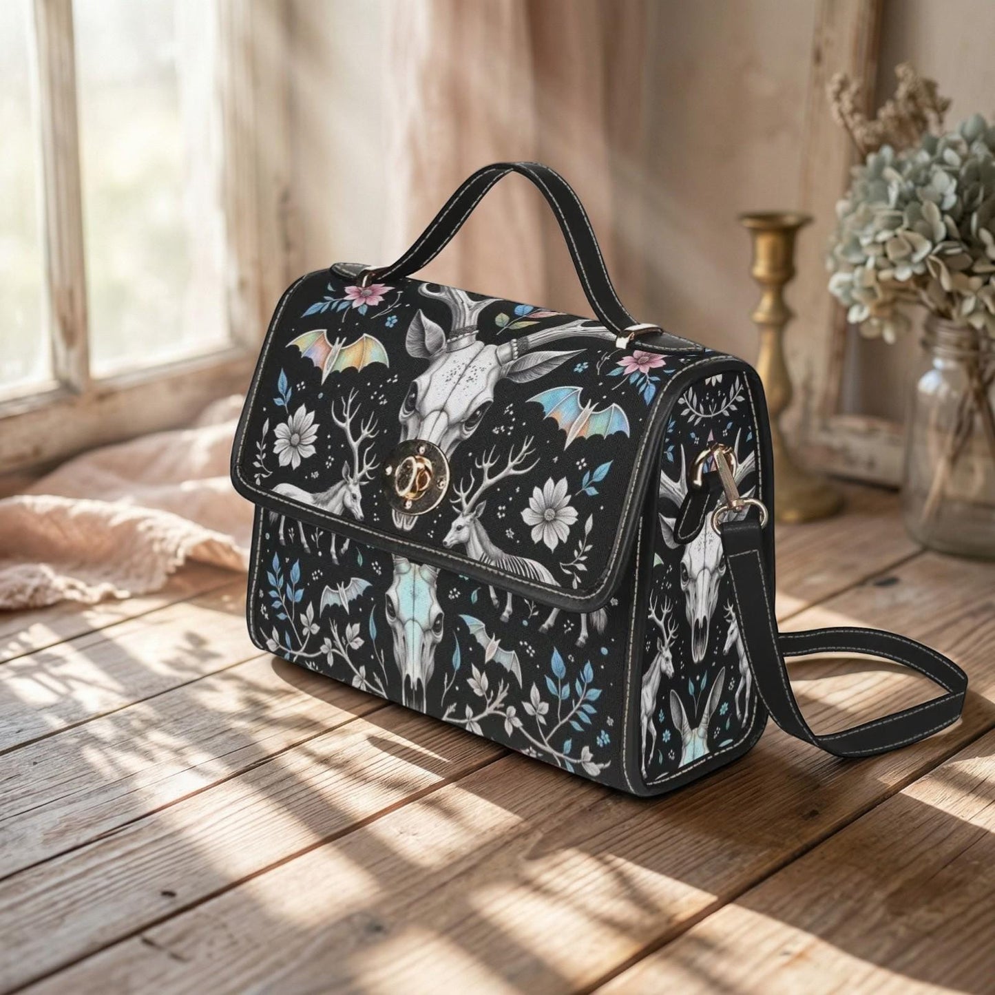 Witchy Crossbody Bag, Deer Skull Purse, Dark Floral Satchel for Cottage Goth Style
