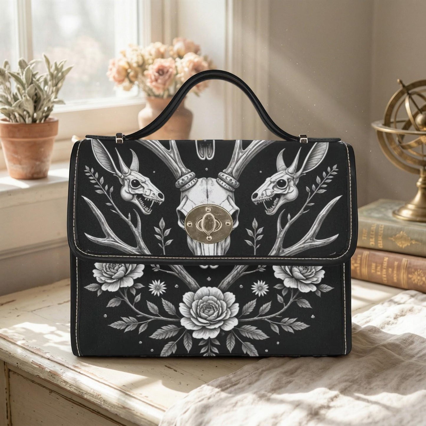 Gothic Deer Skull Satchel, Dark Floral Antler Handbag, Witchcore Evening Bag