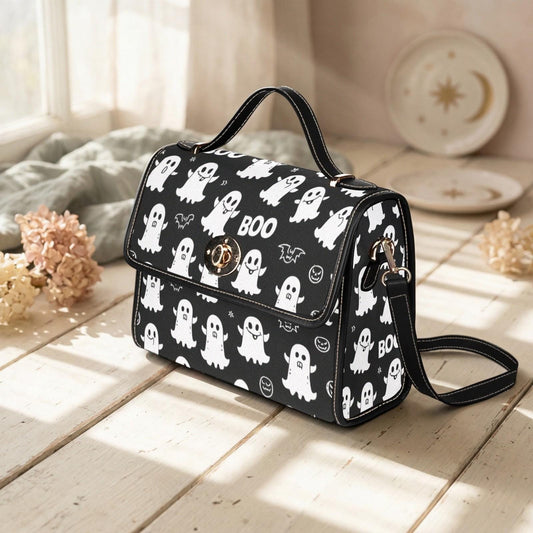 Ghost Print Top Handle Bag, Halloween Satchel, Waterproof Canvas Crossbody Purse for Spooky Season