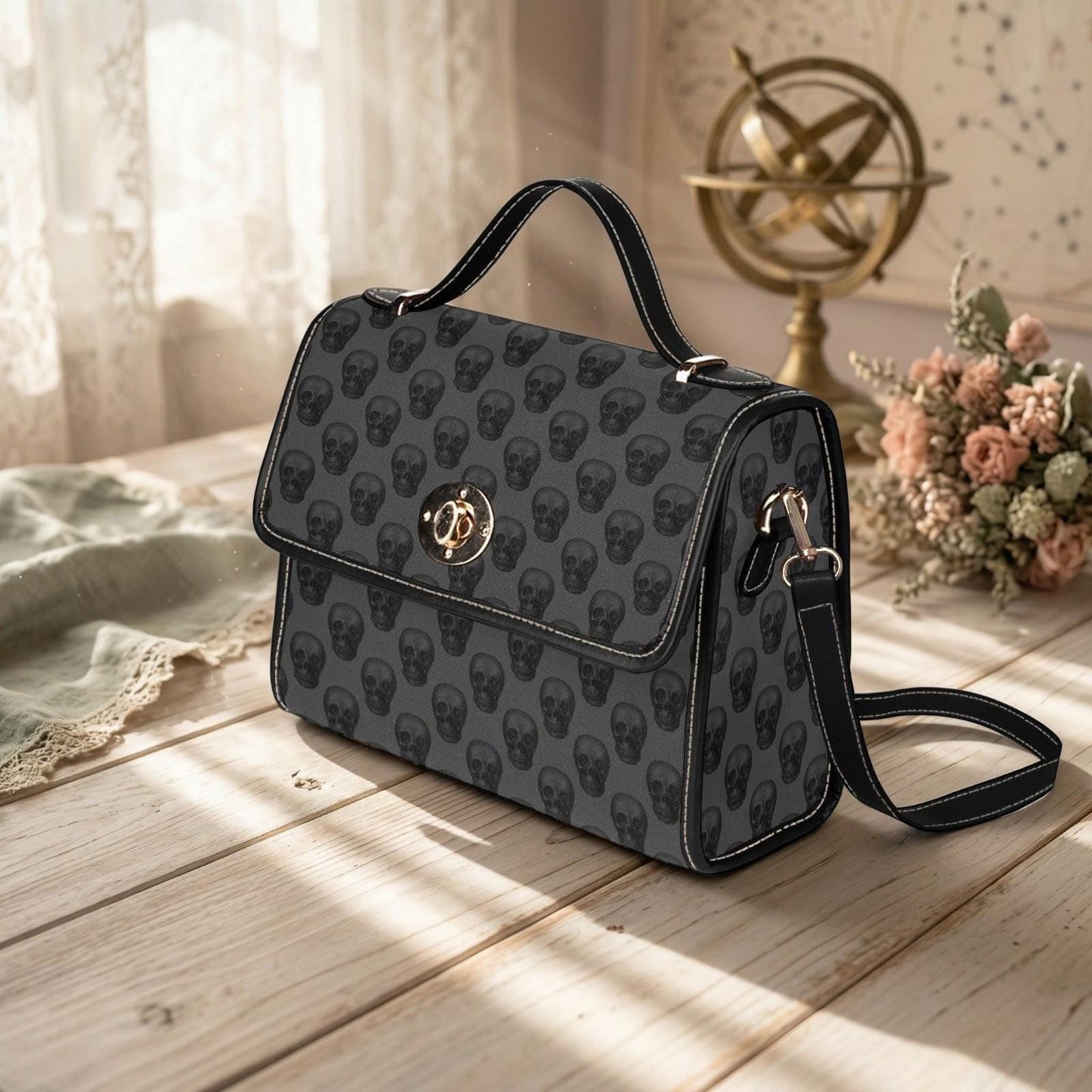 Gothic Skull Handbag, Dark Gray Satchel Purse, Crossbody Shoulder Bag