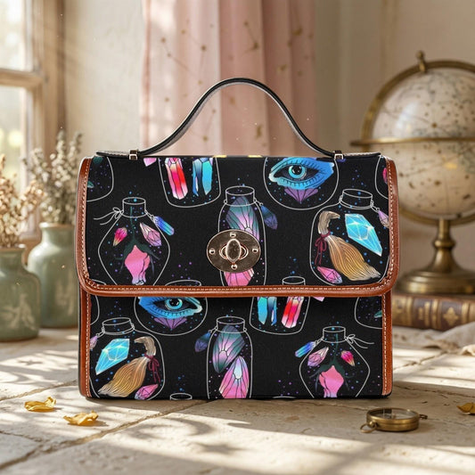 Mystical Potion Crystal Top Handle Bag, Witchy Insect Satchel, Colorful Occult Handbag