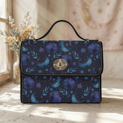 Blue Celestial Top Handle Bag, Moon Stars Purse, Night Sky Handbag