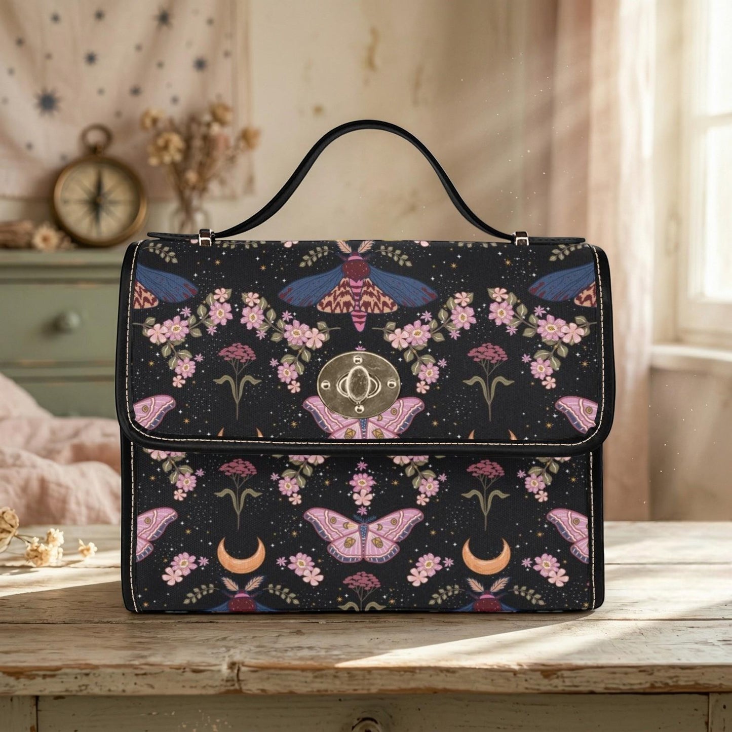 Moon Moth Top Handle Bag, Celestial Floral Satchel, Dark Romantic Handbag
