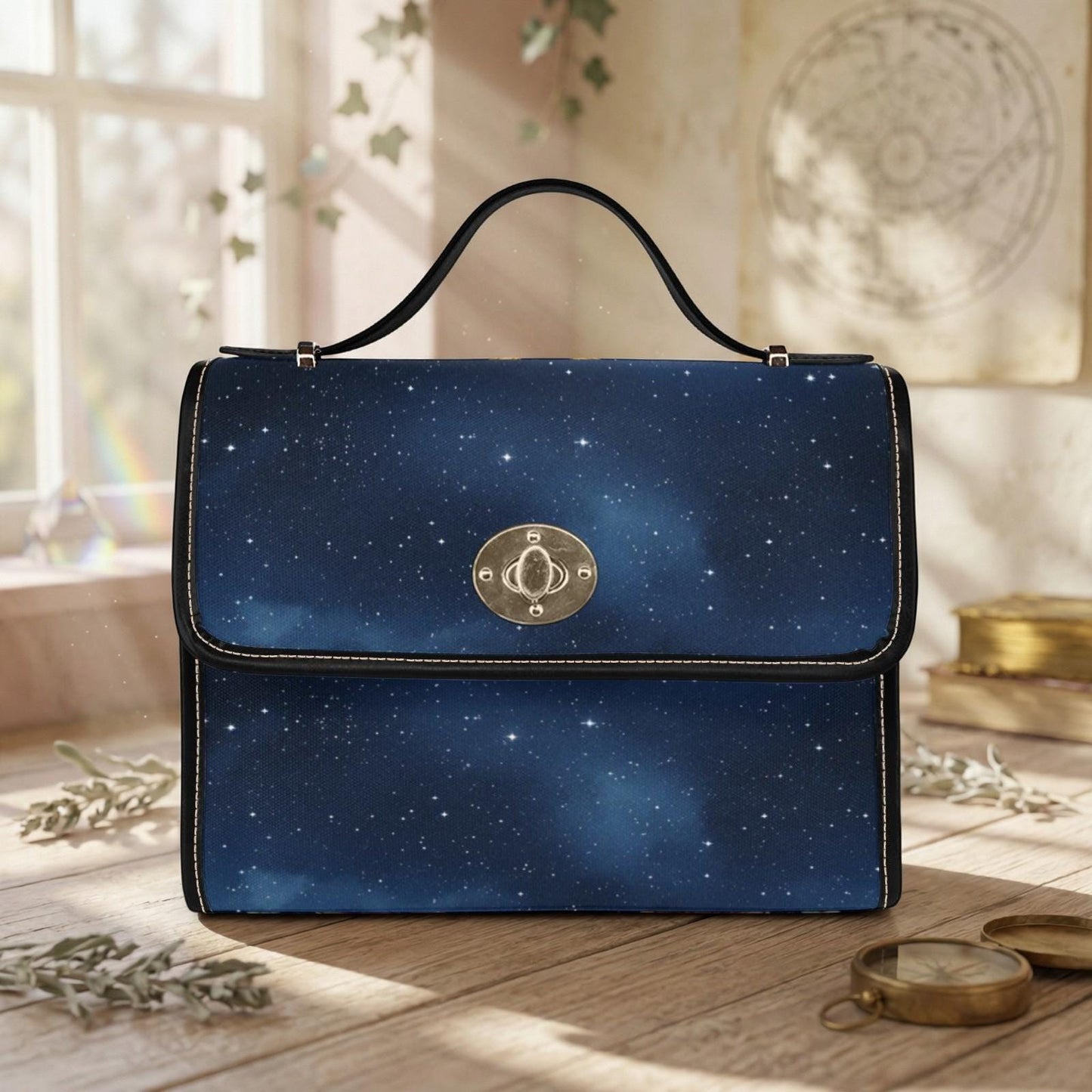 Starry Sky Satchel, Celestial Galaxy Print Purse, Dark Blue Space Handbag with Stars