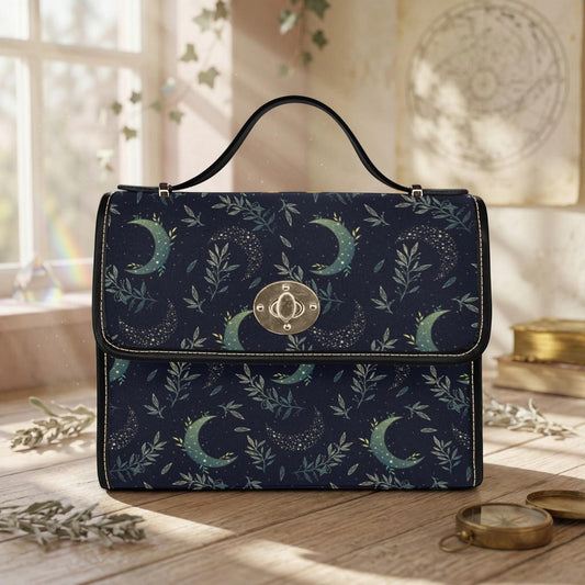 Celestial Moon Satchel Bag, Navy Botanical Crossbody Purse for Astrology Lovers