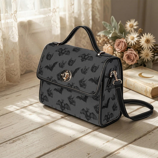 Gothic Bat Print Top Handle Bag, Spooky Cute Structured Shoulder Purse, Halloween Dark Neutral Satchel
