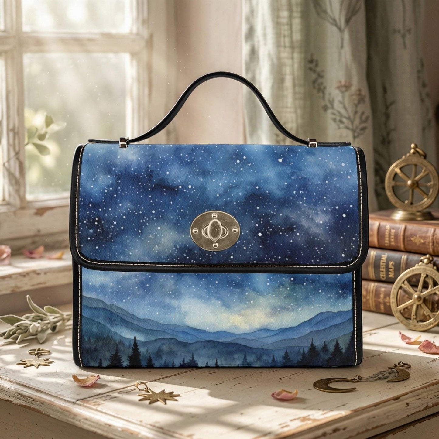 Starry Forest Purse, Celestial Landscape Satchel for Witches, Night Sky Handbag