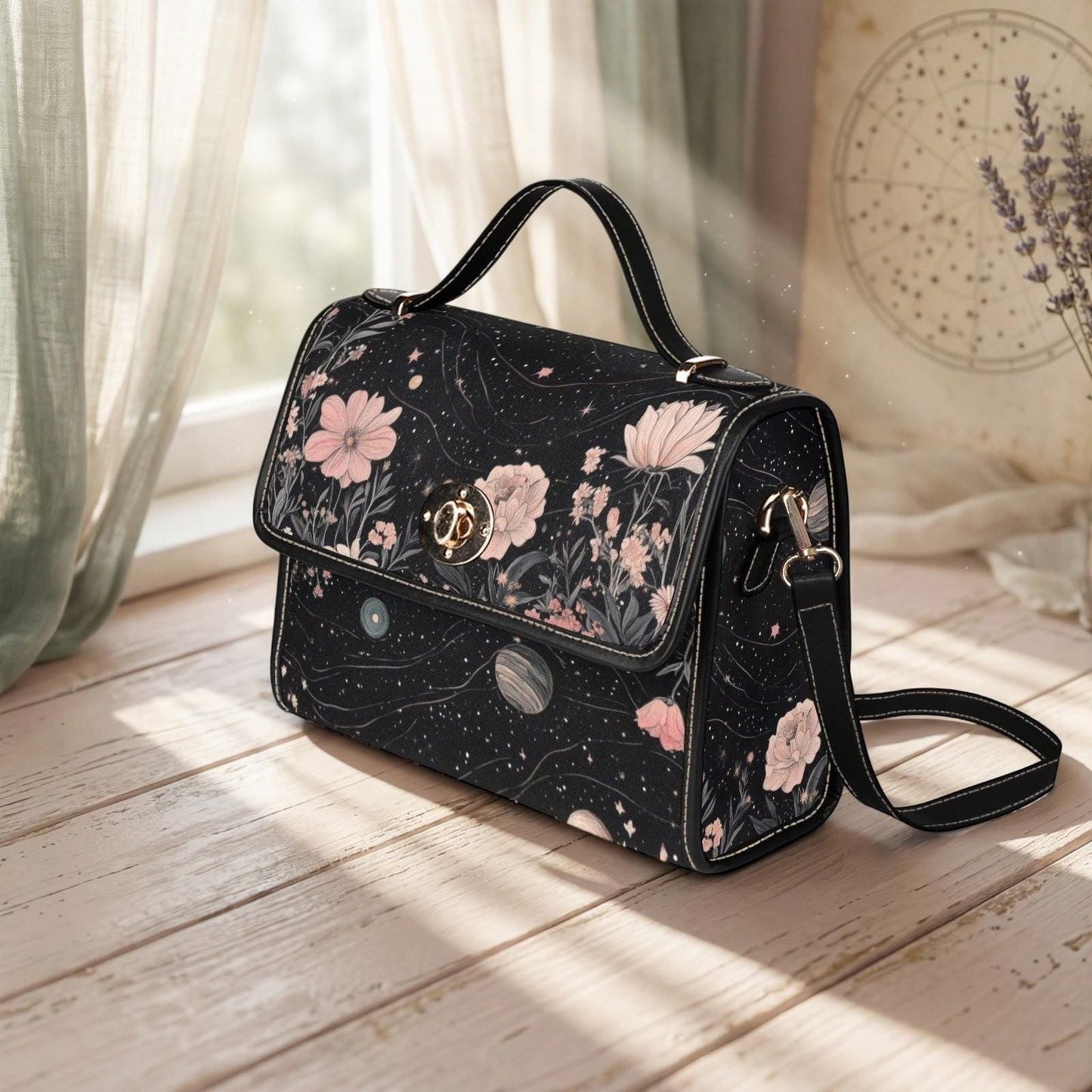 Floral Cosmos Satchel, Celestial Botanical Purse, Astrology Galaxy Bag