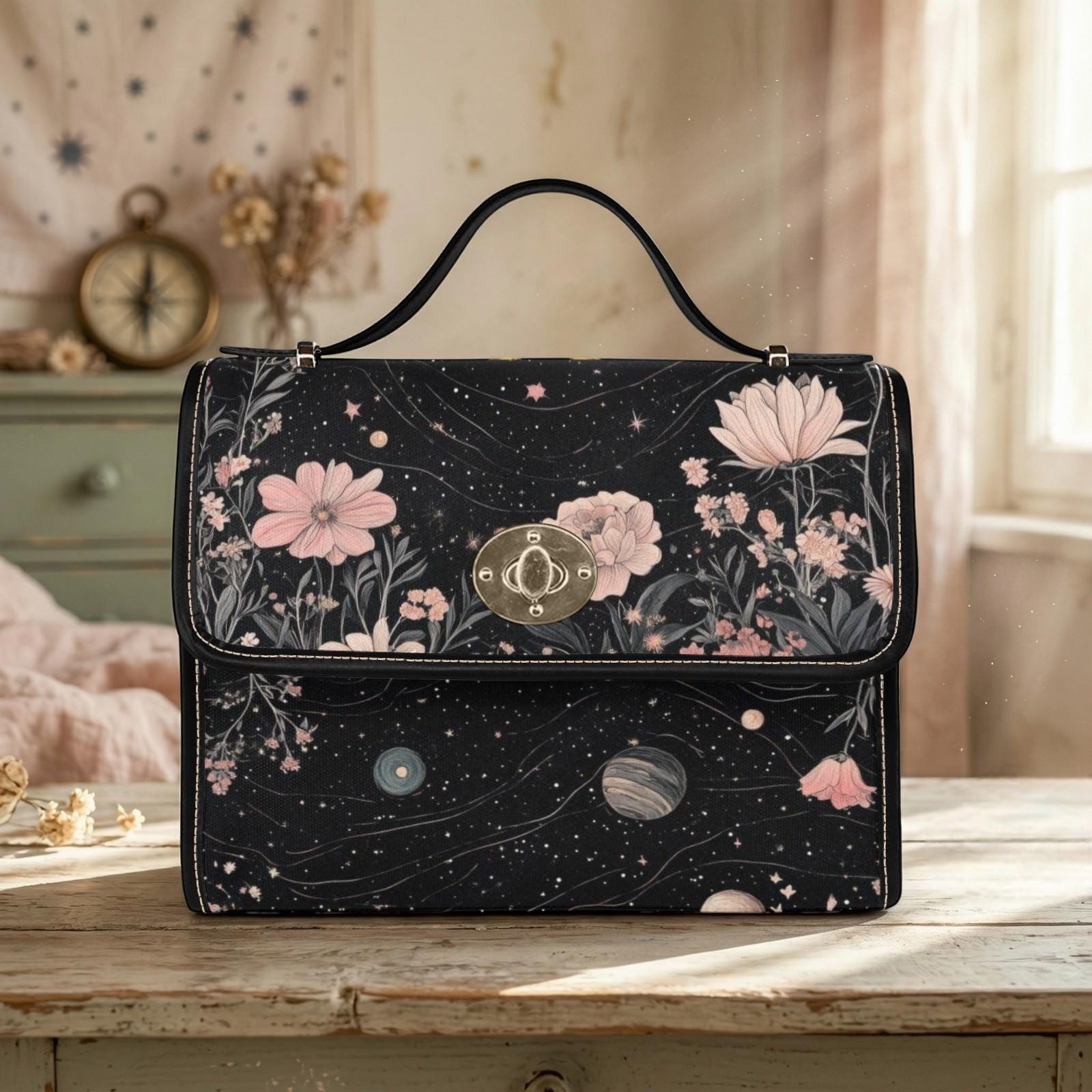 Floral Cosmos Satchel, Celestial Botanical Purse, Astrology Galaxy Bag