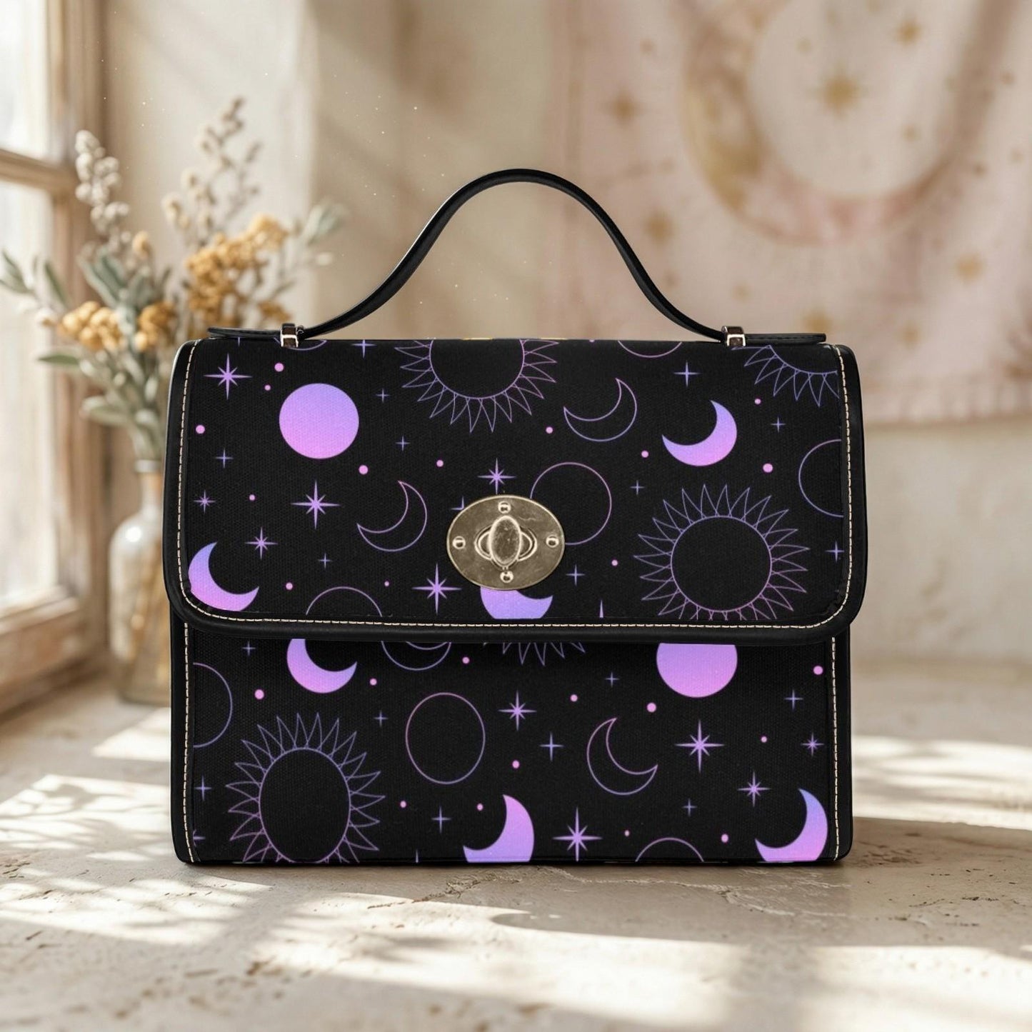 Purple Celestial Moon, Witchcore Star Print Bag, Astro Moon Phases Purse, Cosmic Night Crossbody, Galaxy Sky Shoulder Bag, Space Goth Style