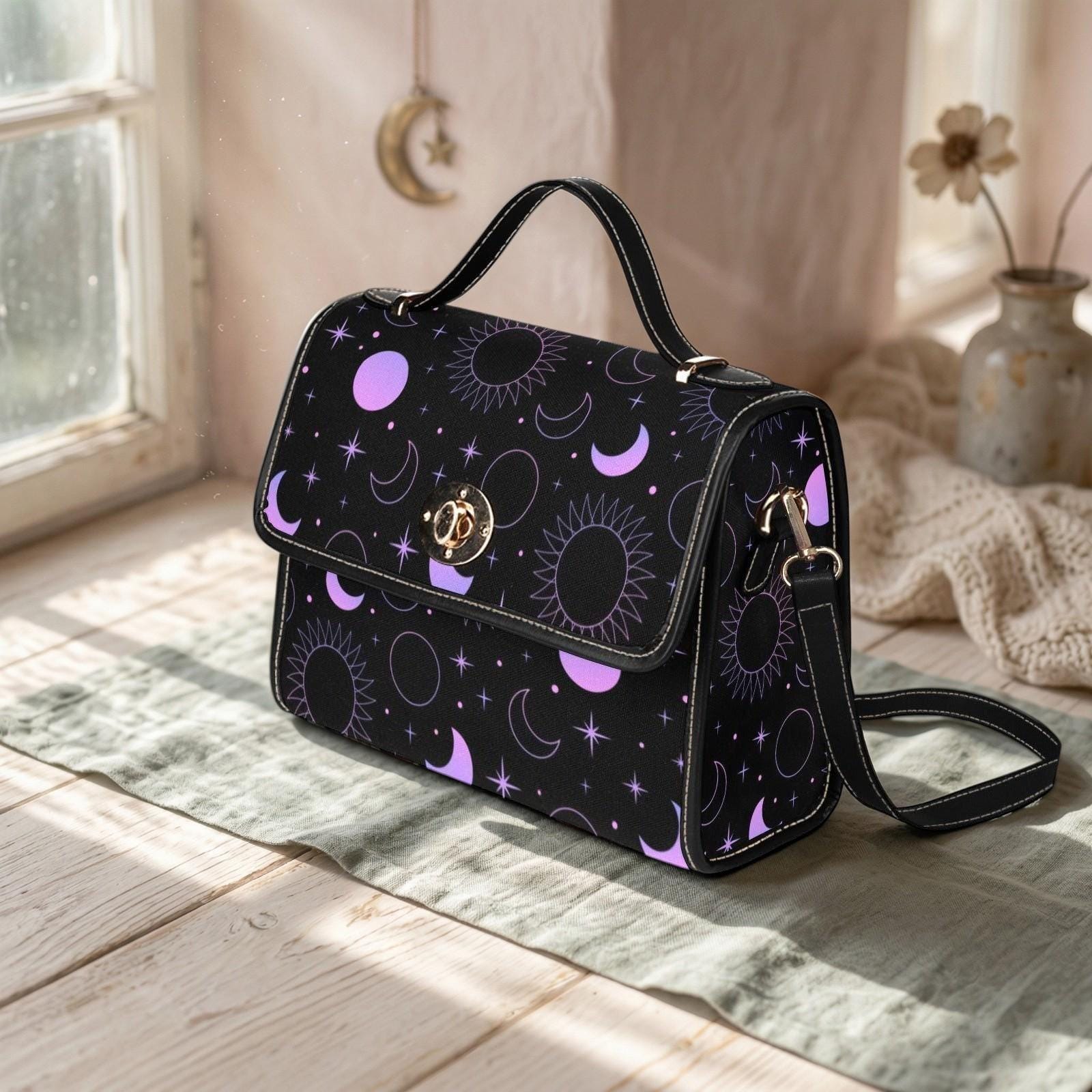 Purple Celestial Moon Star Crossbody Bag, Cosmic Night Shoulder Purse, Witchcore Galaxy Style