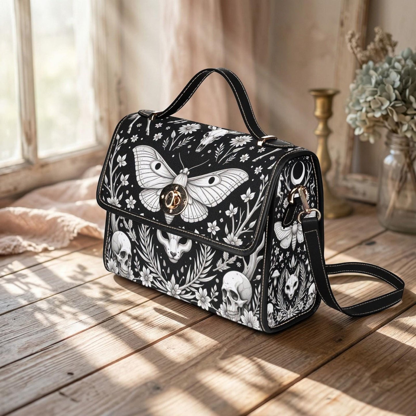 Gothic Moth Crossbody Purse, Occult Skull Handbag, Dark Forest Satchel