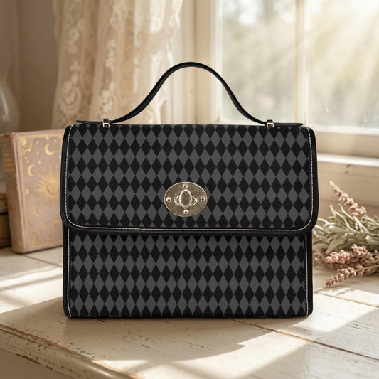 Black harlequin top handle bag, diamond print satchel purse, gothic vintage style handbag, dark alt fashion accessory