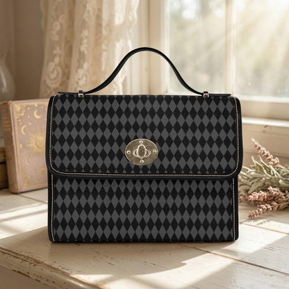 Black harlequin top handle bag, diamond print satchel purse, gothic vintage style handbag