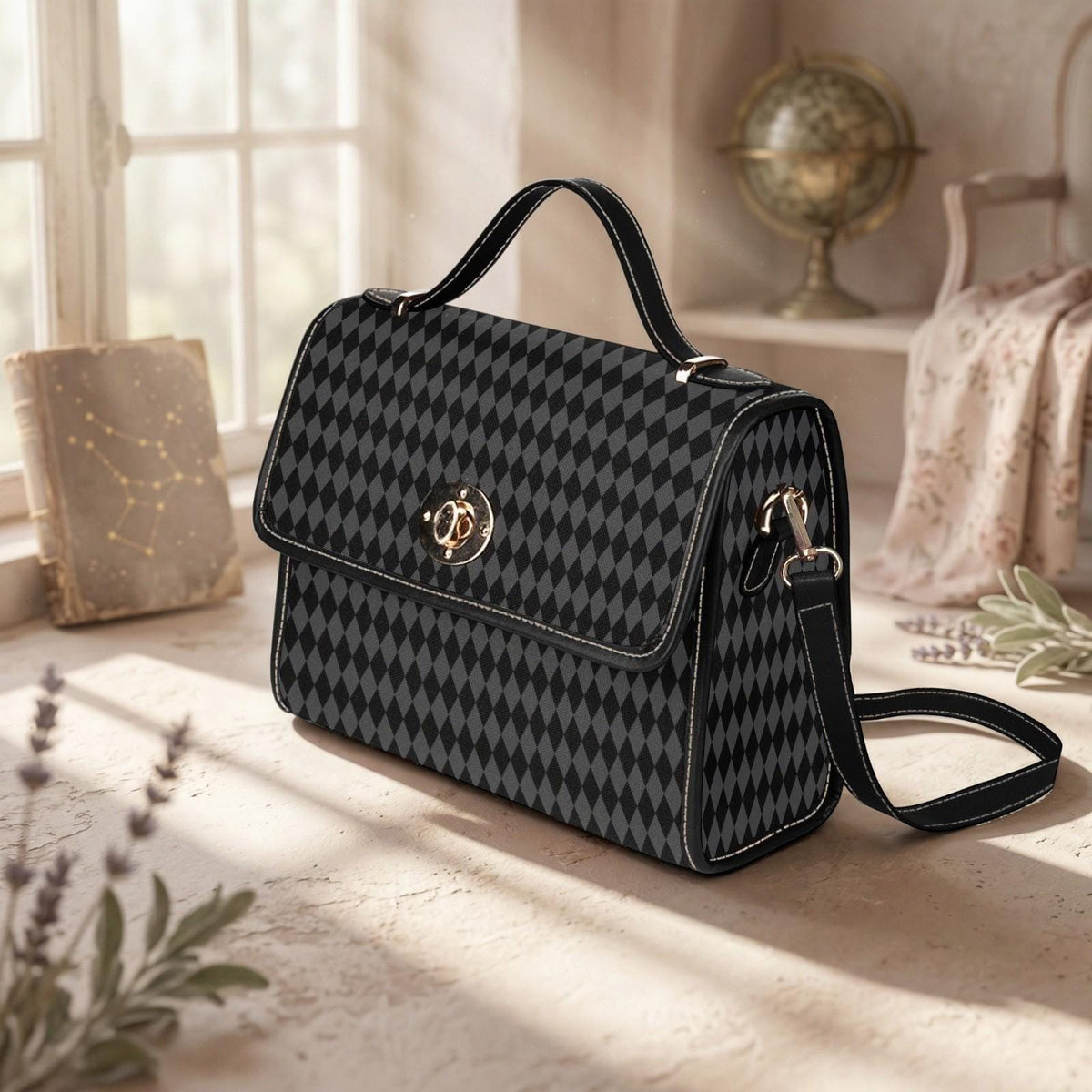 Black harlequin top handle bag, diamond print satchel purse, gothic vintage style handbag