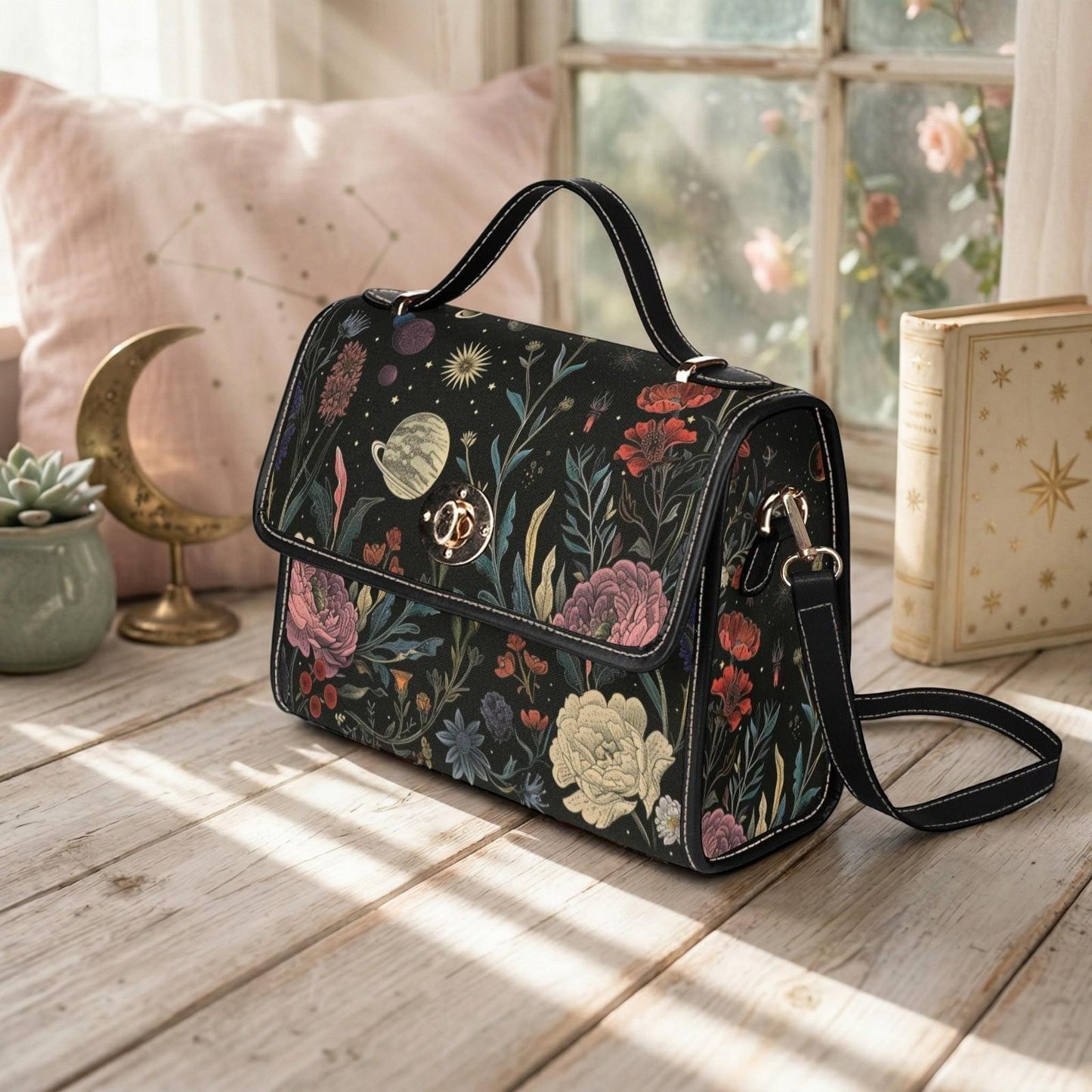 Celestial botanical floral handbag, witchcore purse, astrology bag