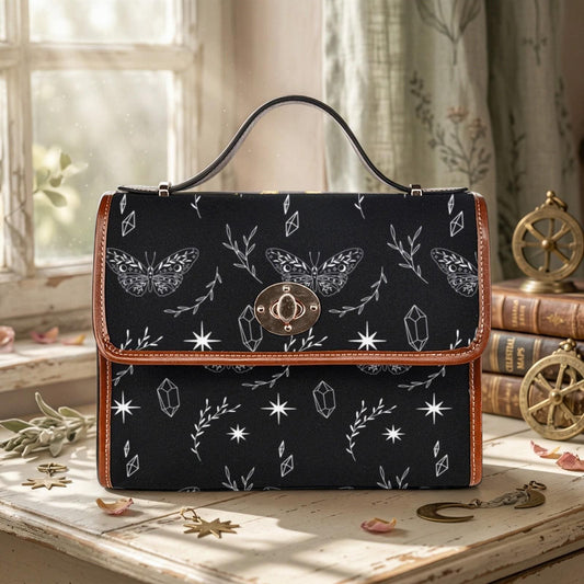 Celestial Moth Crossbody Bag, Witchy Black Purse with Crystal and Star Print, Occult Minimalist Tote