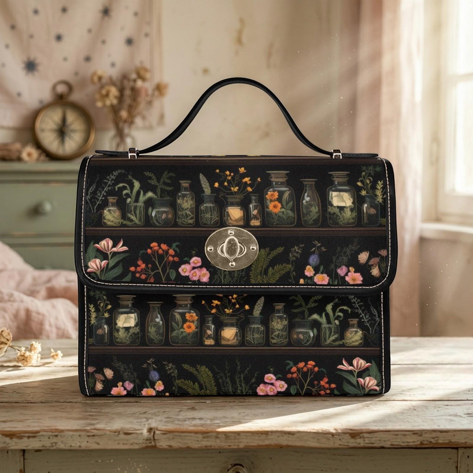 Vintage Apothecary Jars Tote Bag – Herbs & Flowers Illustration