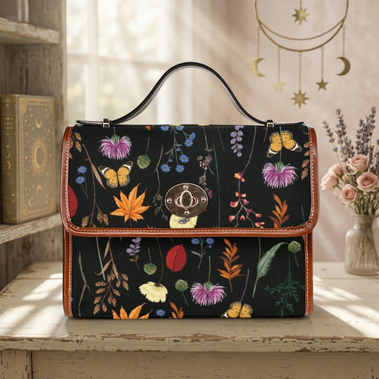 Botanical Witch Crossbody Bag with Forest Herbs, Vegan Leather Straps, Gothic Floral Style