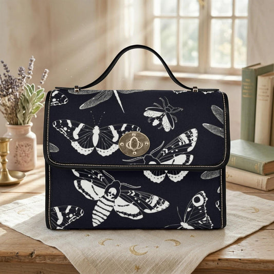 Gothic Moth Print Crossbody Bag, Witchcore Insect Purse, Dark Bug Handbag, Monochrome Moth Bag