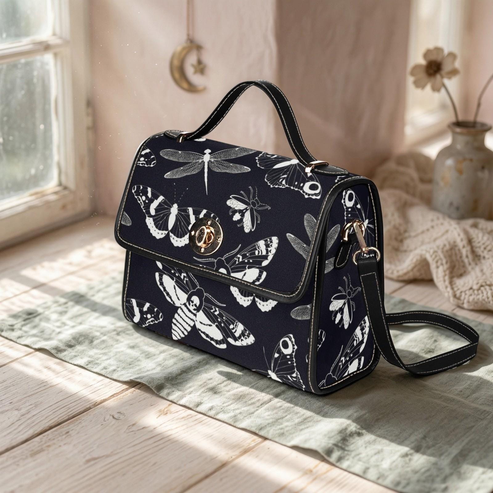 Gothic Moth Print Crossbody Bag, Witchcore Insect Purse, Dark Bug Handbag, Monochrome Moth Bag